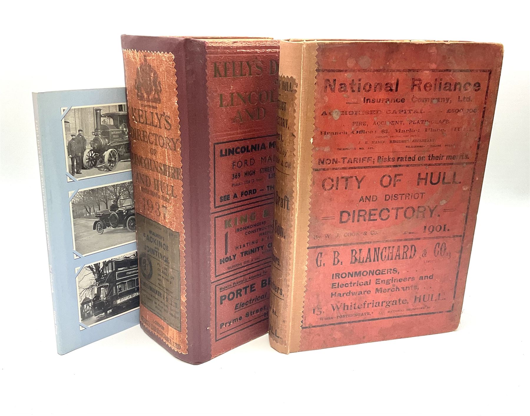 Cook's Hull and District Directory. 1901. Forth edition. re-backed using original boards and spine; Kelly's Directory of Lincolnshire and Hull. 1937. Re-backed using original boards and spine; and Ted Dodsworth's Hull and East Riding Early Days on the Road.1987. (3)