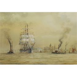 David C Bell (British 1950-): Shipping off Greenwich Docks, watercolour signed 34cm x 48cm