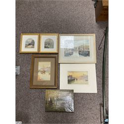 Collection of Whitby themed pictures, to include John Francis Branegan (British 1843-1909): Stormy Seas and Beached Sailboat, pair of watercolours; E Heslewood (British 20th century): Sailboats off Whitby Lighthouse, oil on canvas and Thomas Clavering Alder (British 1857-1931): Whitby at Sunset, watercolour, variously signed titled and framed max 25cm x 35cm (17)