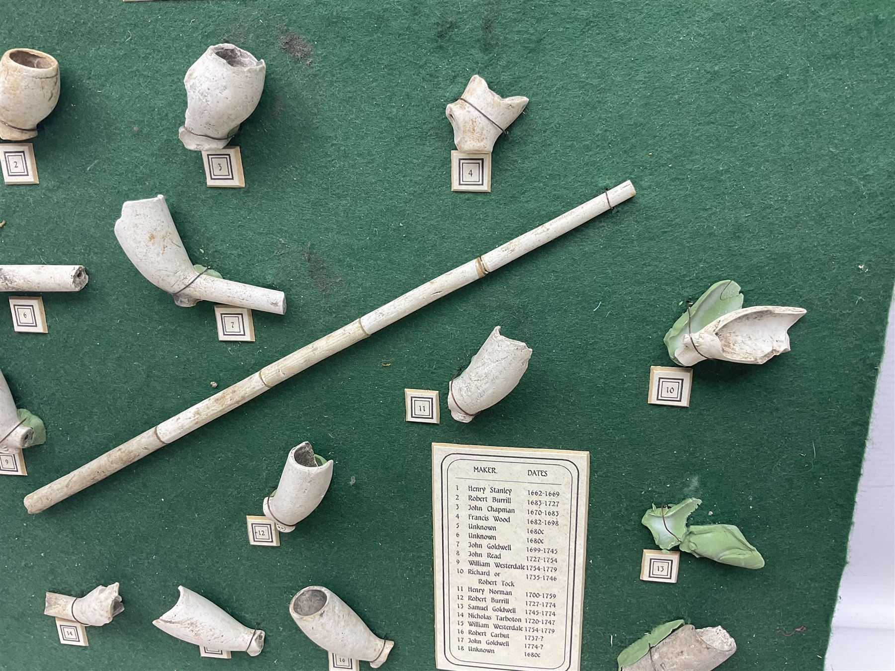 Annotated display board of clay pipes; rootwood walking stick and Yorkshire CCC signed cricket bat 2001