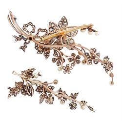 19th century gold and silver diamond and pearl en tremblant detachable brooch, the flower tremblant with a principal old cut diamond of approx 1.90 carat, the petals and stamen set with old cut and rose cut diamonds, total diamond weight approx 9.10 carat, to a foliate spray set set with further rose cut diamond and white / pink / cream pearls and ribbon tie