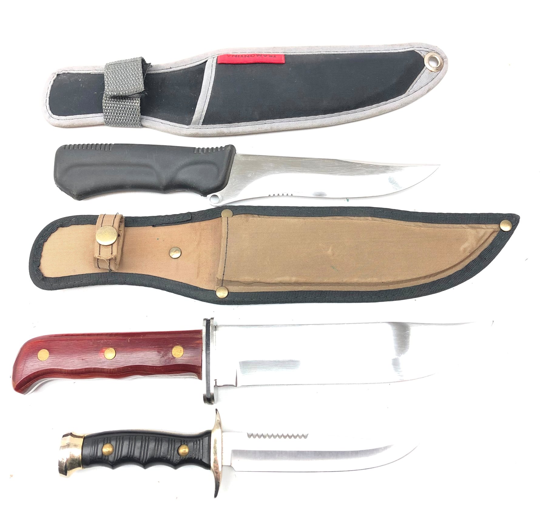 Hunting knife, 17cm single edge blade stamped Tramontina with brass