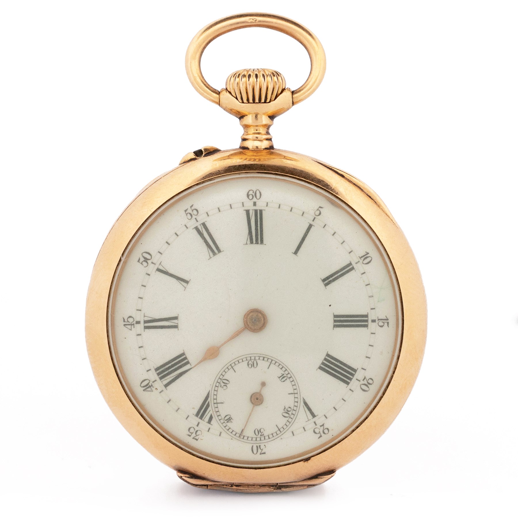 Early 20th century 18ct gold open face keyless lever fob watch by A. Bornand, Montreux, No. 6907, white dial with Roman numeral hour markers, sixty minute outer ring and subsidiary seconds dial, case with engraved foliate decoration and empty cartouche, stamped 18K with Helvetia hallmark