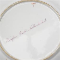 Set of five Derby plates with painted landscapes by Henry Lark Pratt, within gilt detailed swept boarders, the scenes comprising 'Brougham Castle - Northumberland' 'Eglinton Castle' 'Tivoli' and 'Blickling - Norfolk', with painted titles to base, pattern no. 3351 (5)