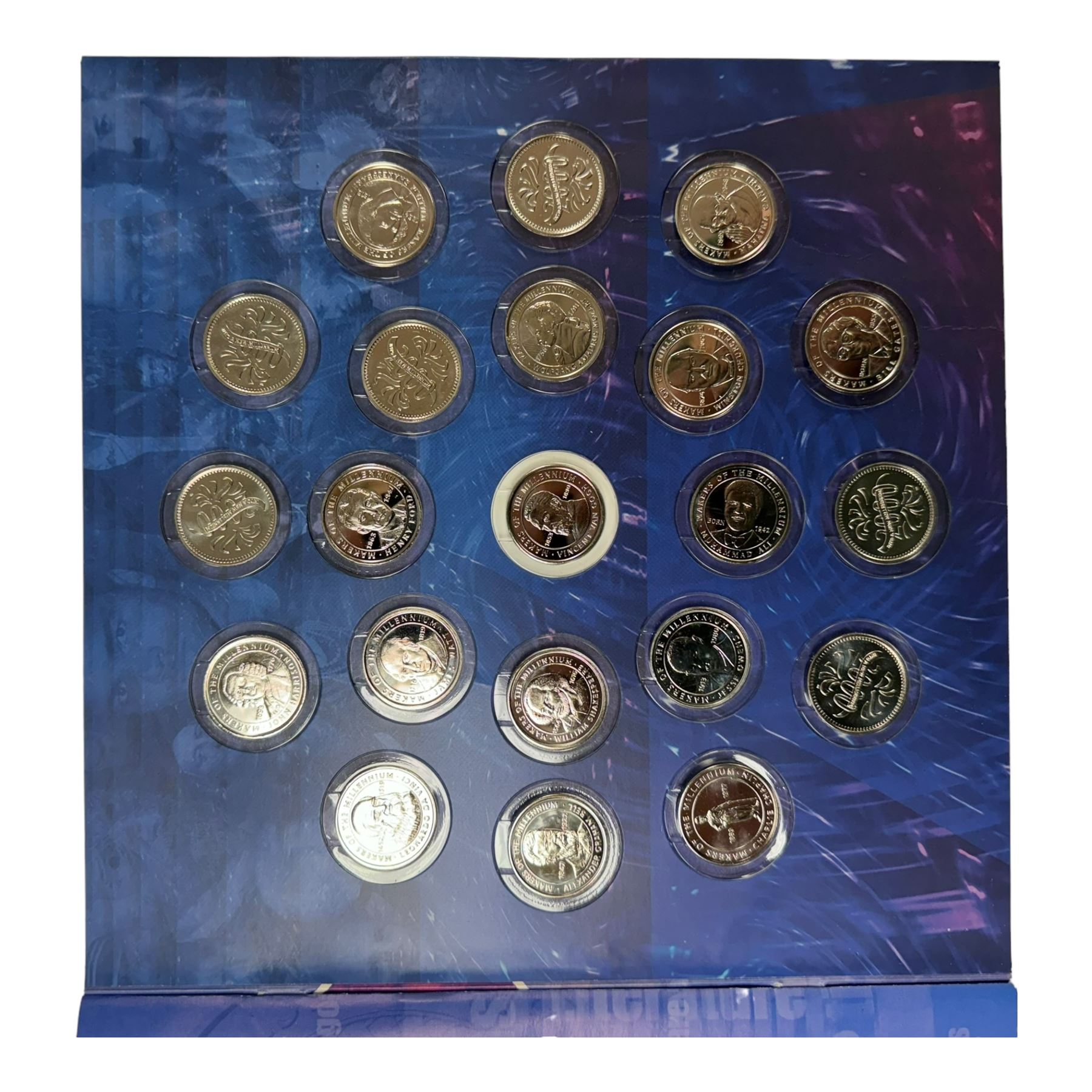 Mostly commemorative coins, medallions and fantasy coinage, including various 'Sainsbury's Makers of the Millennium' medal collection folders containing various medallions, The Toer Mint commemorative four medallion set in fitted case, Queen Elizabeth II 1982 silver proof piedfort twenty pence coin cased with certificate, various part filled The London Mint office folders etc