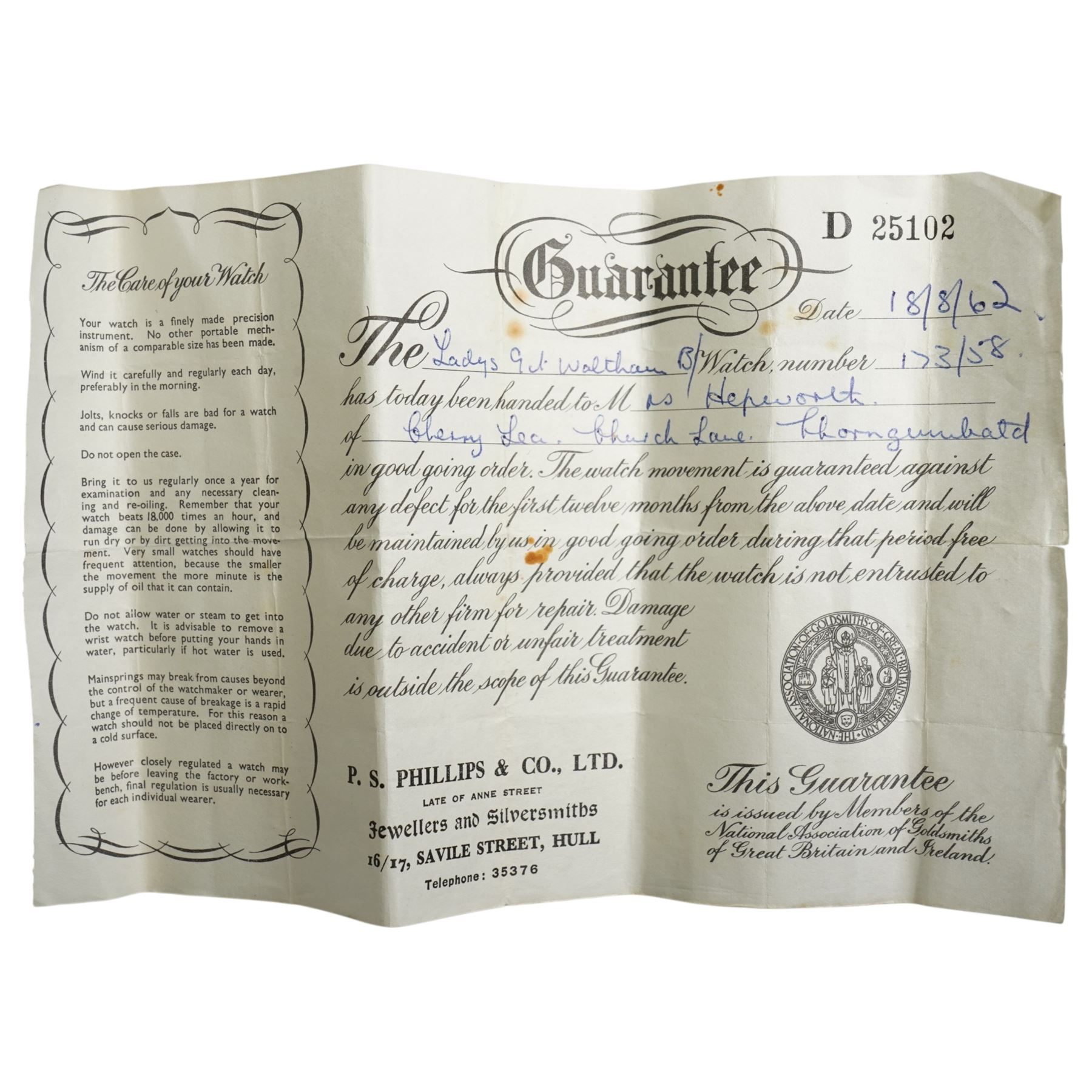 9ct gold ladies manual wind Waltham wristwatch, on 9ct gold articulated strap, with P.S Phillips & Co jewellery box 