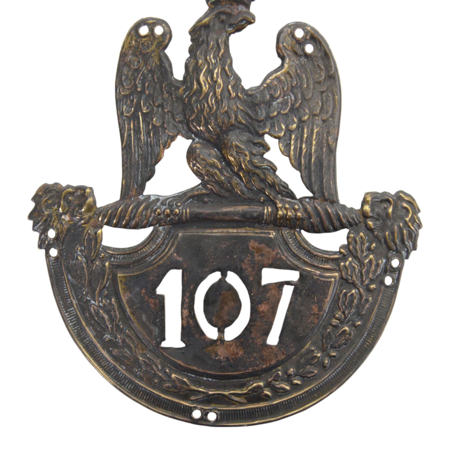 Napoleonic 1814 shako plate, for 107th Infanterie de ligne, in the form of crowned Imperial eagle with the shield having 107 to the centre, H14cm 