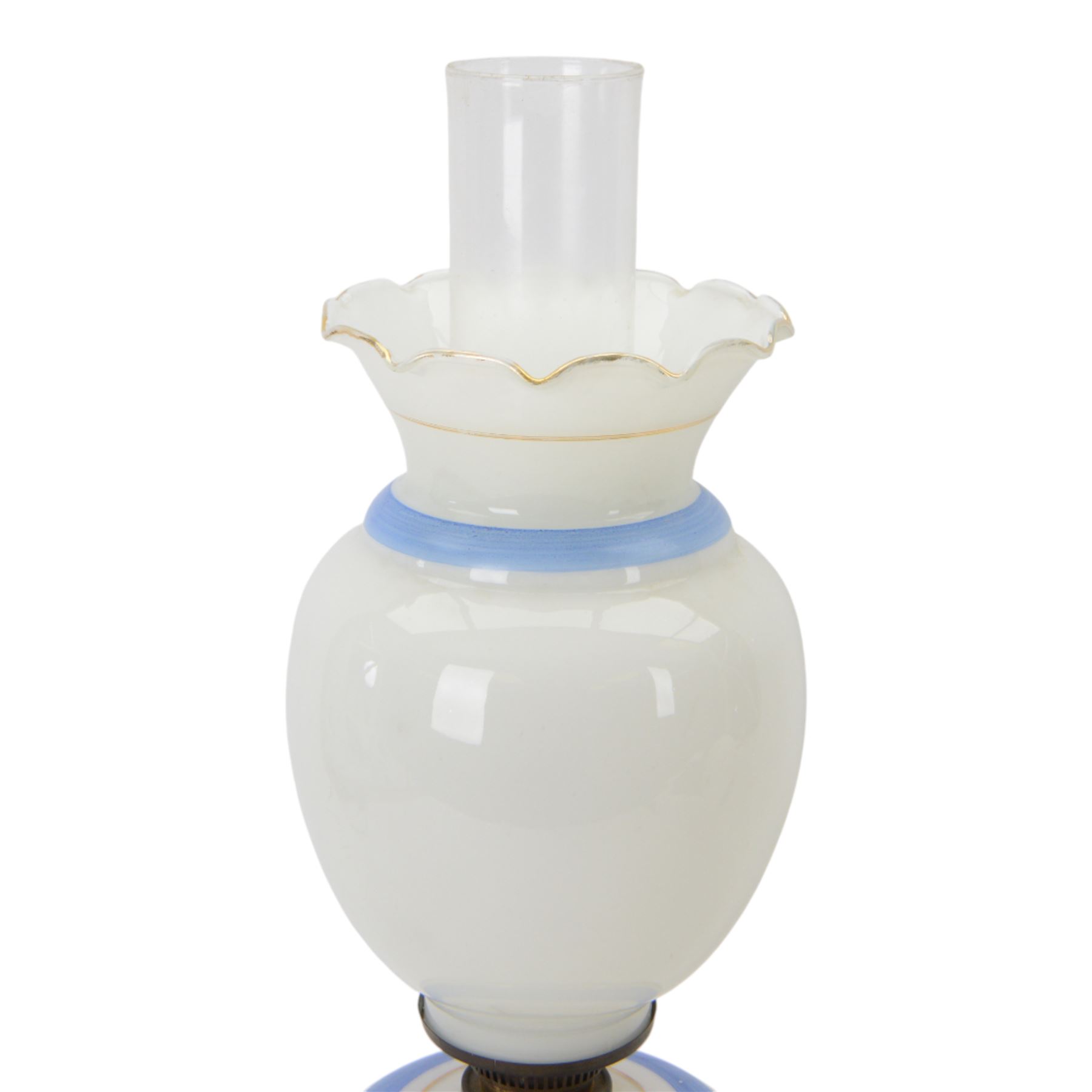 Victorian opaline glass oil lamp, with transfer printed decoration of Napoleon Bonaparte and his wife Josephine, H60cm