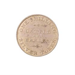 Whitby Association silver shilling token 1811 and a Cattle & Barber York silver shilling token 1811 