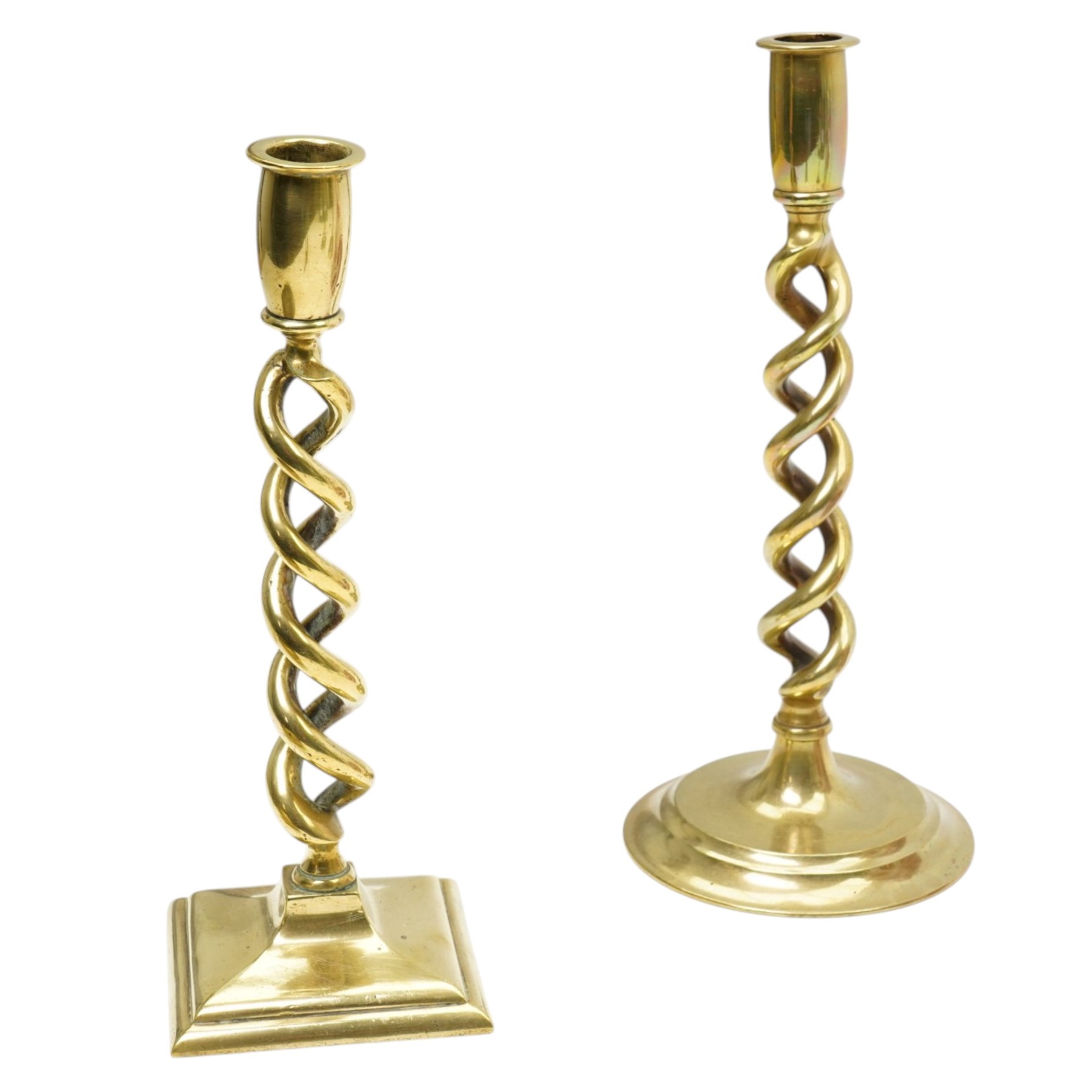 Two pairs of brass candlesticks, brass bird and bowl, and Staffordshire dog (7)