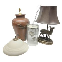 Two table lamps, one in the form of a deer, the other of baluster form with a red and black ground,  lampshade and another light fitting, largest table lamp H62cm