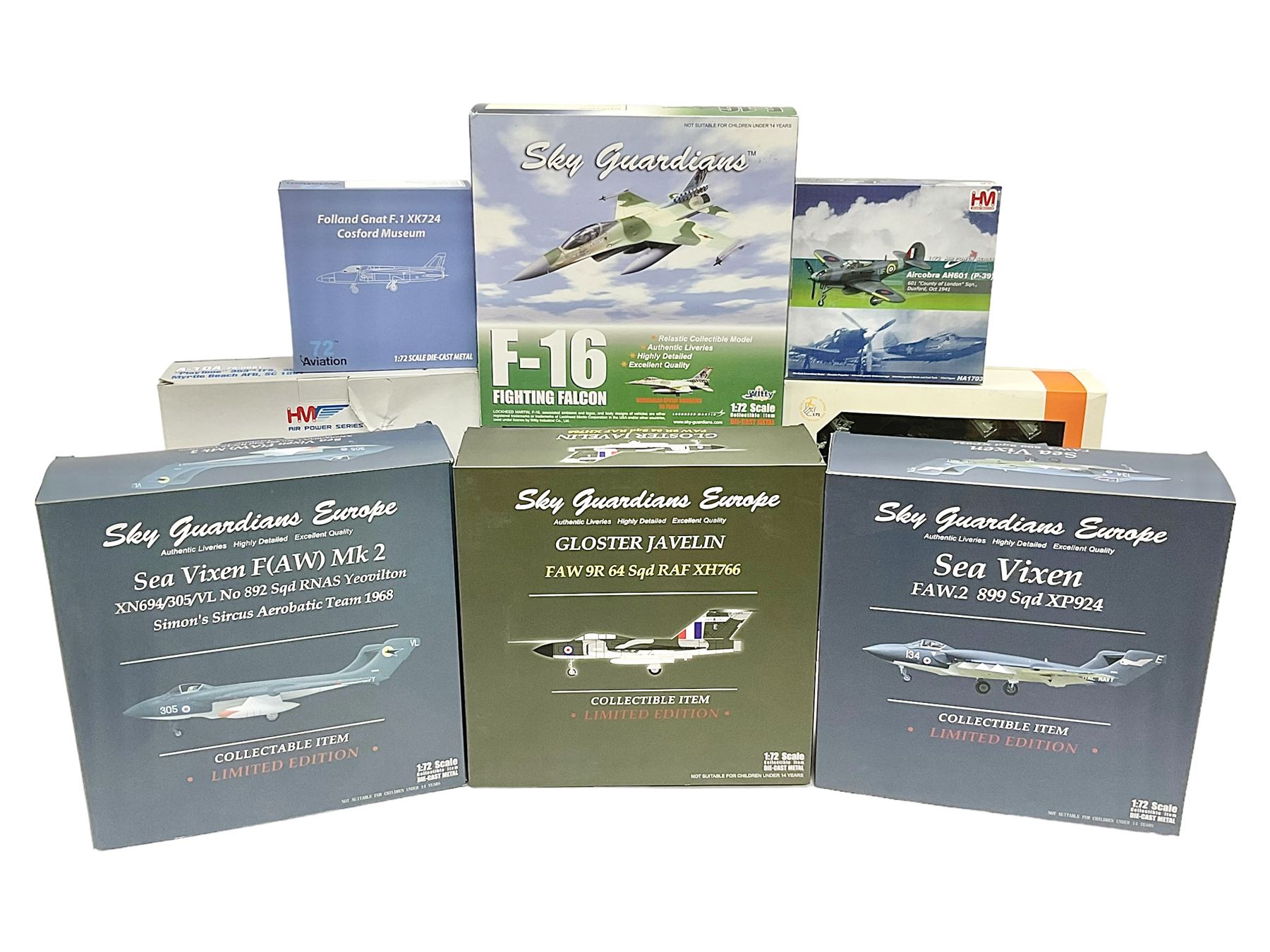 Nine 1:72 scale model aeroplanes comprising four ‘Sky Guardians’, F-16 Fighter Falcon, Sea Vixen FAW.2 899 Sqd XP924, Gloster Javelin FAW 9R 64 Sqd RAF XH766, and Sea Vixen F(AW) Mk2 XN694/305/BL No 892 Sqd RNAS Yeovilton; with three Hobby Master models, one Ixomodels model and one 72 Aviation model  (9)