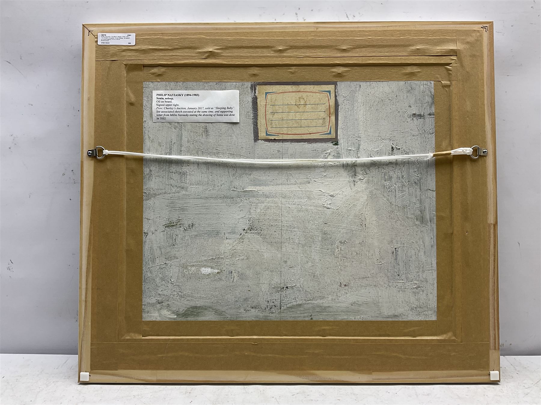 Philip Naviasky (Northern British 1894-1983): The Artist's Daughter Sonia Asleep, oil sketch on panel signed 37cm x 45cm 
Provenance: Chorley's Auction, 31st January 2017, Lot 406 sold as 'Sleeping Baby'. See associated pencil sketch in this sale Lot 18 executed at the same time, and supporting letter from Millie Naviasky stating the drawing of Sonia was done in 1935