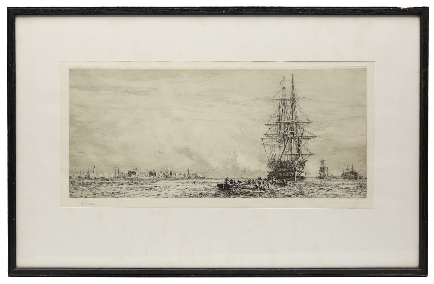 William Lionel Wyllie RA RWS (British 1851-1931): HMS Victory in Portsmouth Harbour, drypoint etching signed in pencil 21cm x 48.5cm