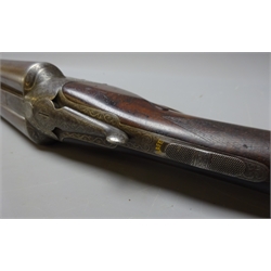  SHOTGUN CERTIFICATE REQUIRED 12-bore side-by-side double barrel shotgun by W.R.Pape Newcastle-on-Tyne, the walnut stock with chequered fore-end, chased trigger guard and action with thumb safety, 76cm damascus barrels marked with maker's name and 'Winner of the Great London Gun Trials in 1858, 1859, 1866 and 1875', No.7619, 118cm overall, in baise lined fitted leather and oak case impressed R.H.Worsley with cleaning rods   