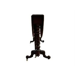 Victorian walnut drop-leaf Sutherland table, oval top with moulded edge, double gate-leg action, raised on turned and spiral carved supports united by stretcher, cabriole feet with foliate carving terminating in ceramic castors