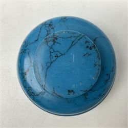 Carved single piece turquoise bowl with fluted rim, upon a raised footed base, D10cm, H5cm