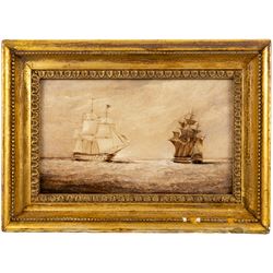 Circle of John Ward of Hull (British 1798-1849): British and Dutch Ships at Sea, pair oils on panel unsigned 13cm x 23cm (2)