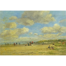  English School (19th/20th century): Beach Scene, oil on canvas unsigned, indistinctly inscribed on stretcher with Battersea address 34cm x 49cm   