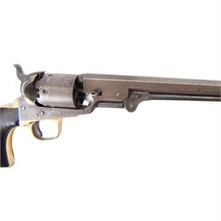 Colt .36 navy percussion revolver, with octagonal 7 1/2in. barrel top flat marked Address Col Samd Colt New York US America, frame stamped `Colts Patent' matching serial numbers, 112625, iron frame marked Colts Patent, brass grip-straps and trigger guard, smooth flared walnut grip, overall L33cm