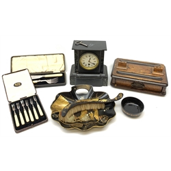 A black slate mantle clock, the white enamel dial with black Roman numerals, H23.5cm, a Victorian papier mache crumb tray and brush with gild chinoiserie decoration, cased set of fish servers with silver ferrules, hallmarked Sheffield 1934, and cased set of six pickle forks with silver ferrules, hallmarked Sheffield 1930, etc. 