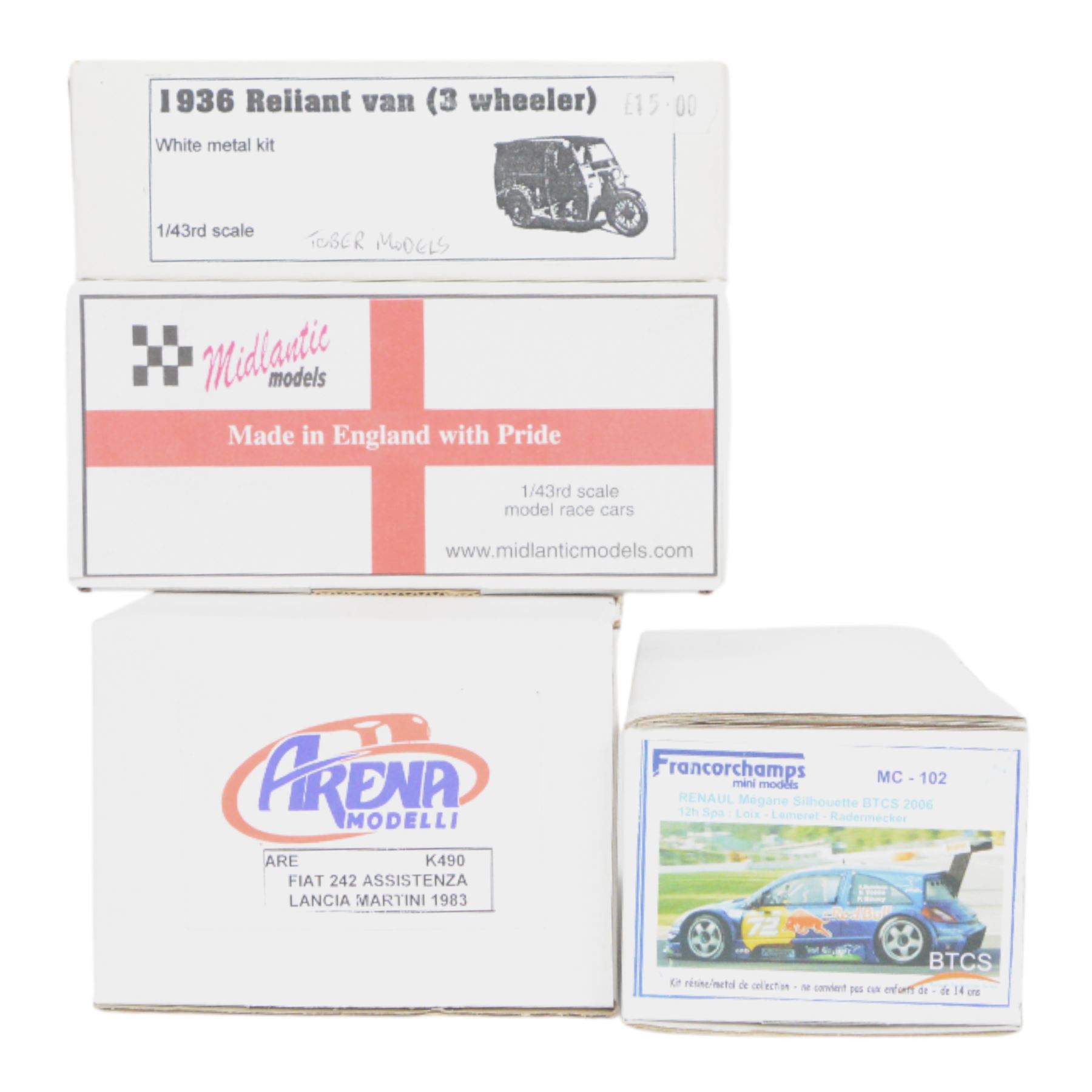 Sixteen resin and white metal model car kits, including Marsh Models Crosal Cheetah, Tron Kits Ferrari 308, Jemmpy Buggy Schelesser Megane Renault, Arena Models Fiat Service Van, Francorchamps Renault Megane Silhouette, Midlantic Models Maserati Birdcage, MEA Kit Dessert Warrior, etc, all boxed