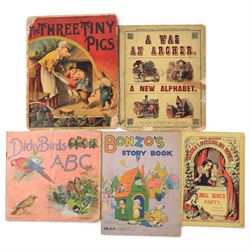 Ten late 19th/early 20th century children's picture books, published by Dean/Dean's Rag Book, titles comprising Moving Day in Bunny Land, The Jolly Miller Cut Out Book, Bonzo's Story Book, Mrs Dove's Party, Dicky Birds ABC, Baby's 123 Book, Friendly Folk, Baby's Diary, A Was An Archer and The Three Tiny Pigs