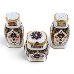 Royal Crown Derby Old Imari 1128 pattern cruet set, comprising salt, pepper and mustard pot 