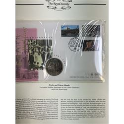 Commemorative coin and stamps covers, including Australia 'Queen's Birthday 1996' containing one dollar coin, Canada 'Her Majesty Queen Elizabeth II 70th Birthday' containing five dollars coin, various commemorative crown coin stamp covers etc, housed in 'The Royal Family' ring binder folder