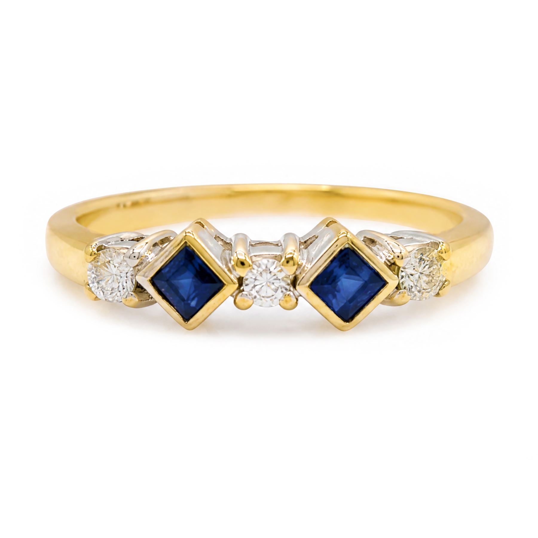 9ct gold sapphire and diamond ring, two square cut sapphires spaced by three round brilliant cut diamonds, hallmarked, total diamond weight approx 0.20 carat
