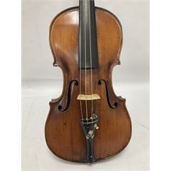 19th century full sized violin in a later hard case, decorative mother of pearl inlay to the tail piece Overall length 60cm No bow