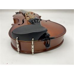 Four student violins - two Chinese three-quarter size with 33.5cm and 34cm two-piece backs; Stringers of Edinburgh quarter size with 28cm two-piece back; and Stentor quarter size with 28cm two-piece back; each in carrying case (4)
