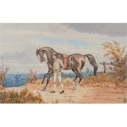 English School (Late 19th Century): Gentlemen and their Horses, set of three watercolours signed with monogram JHD?, 15cm x 24cm (3)