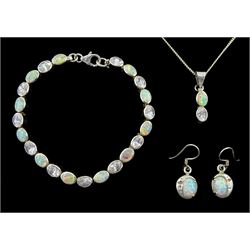 Silver opal and cubic zirconia link bracelet, matching pendant necklace and a pair of similar opal moon earrings 