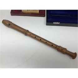 Three wooden recorders - 1970s Schotts 'Concert' three-piece tenor; 1990s Dolmetsch treble, cased; and 1980s Moech descant, cased (3)