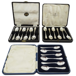  Set of six silver coffee spoons by Josiah Williams & Co, London 1936 and two other sets of six silver spoons by R F Mosley & Co and Frank Cobb & Co Ltd, all cased (3)  