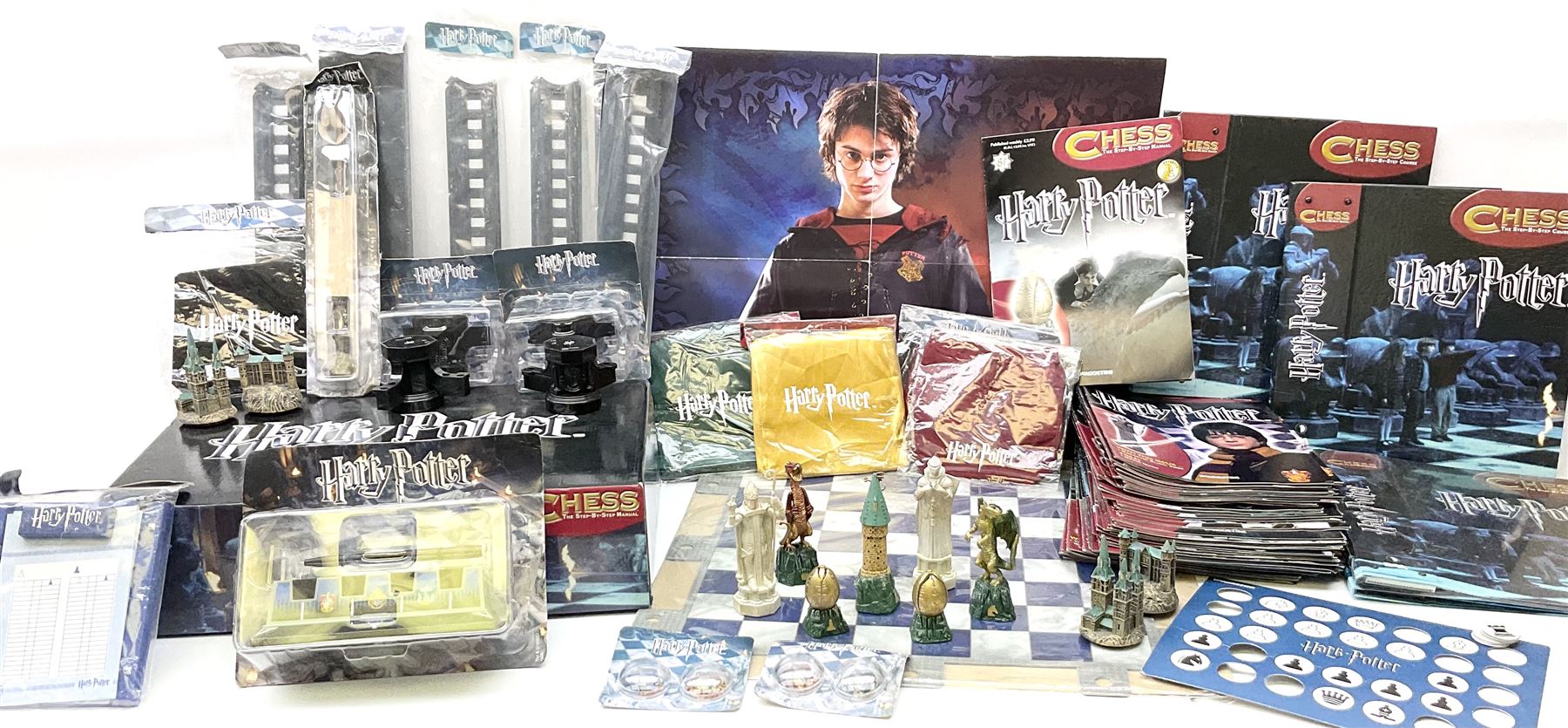 Complete DeAgostini Harry Potter chess step by step course with accessories wand etc including periodicals Nos. 1 82 lacking No.68 with four binders two chess sets with framed board one traditio Toys