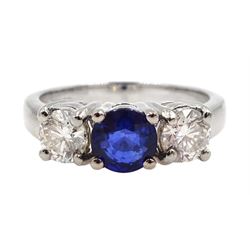 18ct white gold three stone sapphire and diamond ring, hallmarked, sapphire approx 0.85 carat, diamond total weight approx 0.80 carat