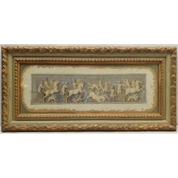Italian School (20th century): Putti Chariot Racing, pair engravings with hand-colouring framed with plaster to give appearance of a fresco/frieze, unsigned 31cm x 87cm (2)