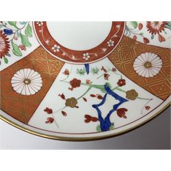 Three 18th century Worcester desert dishes, the first example decorated in the Scarlet Japan pattern, circa 1790, painted with alternating panels of Kakiemon style prunus blossom and chrysanthemum, and orange ground panels with gilt fret detail, D19cm, the second example, circa 1770, decorated with Kakiemon style chrysanthemums and foliage within shaped reserves upon a blue scale ground, with fretted square pseudo mark beneath, D19cm, and the third, circa 1770, painted with polychrome floral sprays and sprigs, D20cm