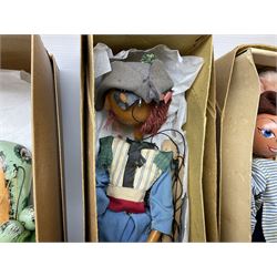 Pelham Puppets - Poodle; boxed; Pirate type figure and Girl with hat; in associated brown boxes; Baby Dragon and Gipsy Girl; unboxed (5)