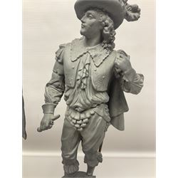 Pair of spelter figures modeled as Cavaliers, together with a spelter figure of Joan of Arc, largest H52cm