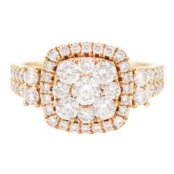 14ct rose gold round brilliant cut diamond halo cluster ring, with diamond set shoulders a...