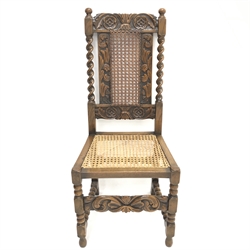 Victorian carved oak hall chair, barley twist sides, cane work back and seat, turned supports with bobbin stretchers, W48cm