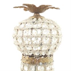 Late 19th century pair of French Empire gilt metal and cut glass bag chandelier, the tapering body formed of faceted glass button drops, with lobed lower bowl, cast foliate and mask mounts, surmounted by a bulbous upper section and terminating with a pendant finial