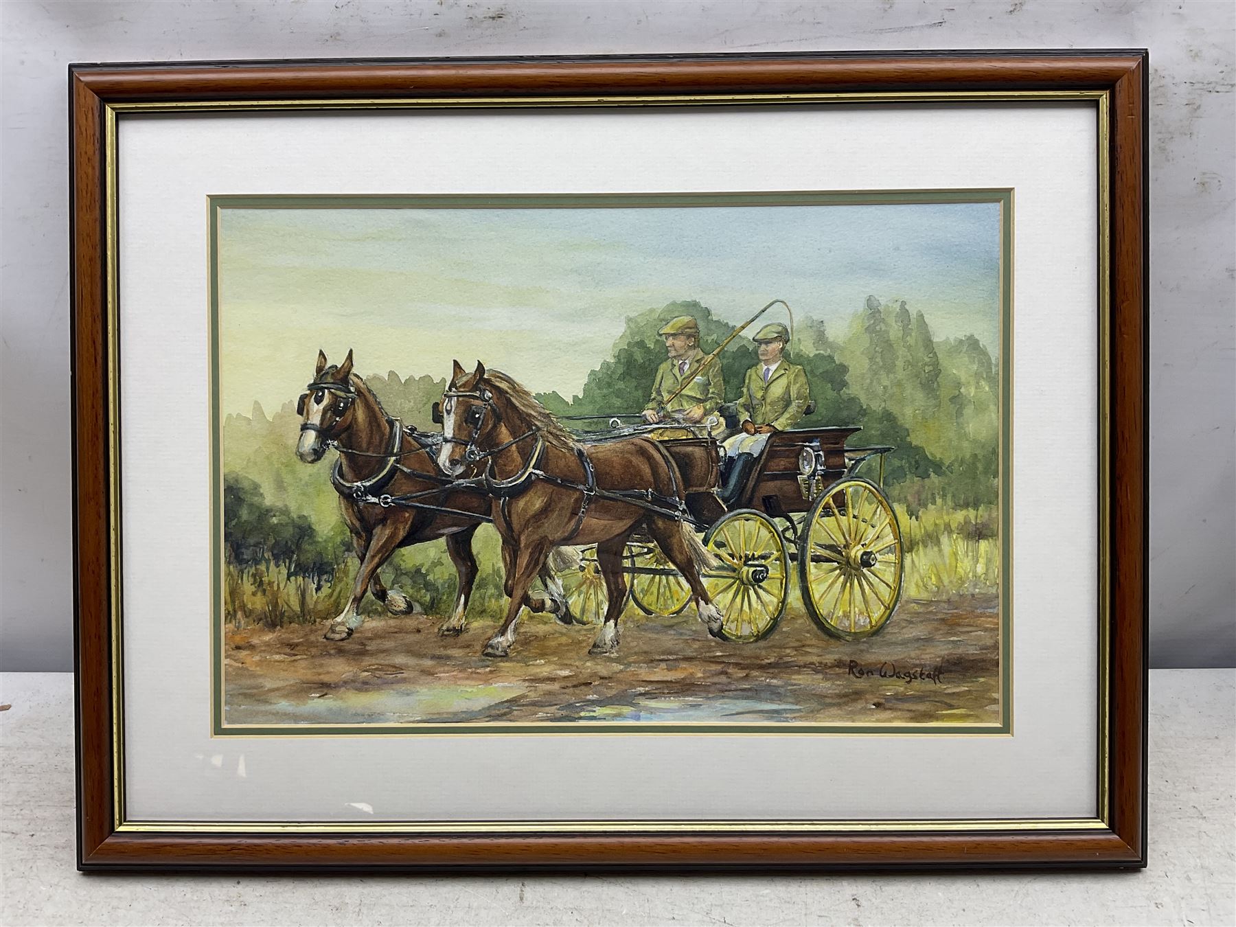 Ron Wagstaff (Northern British 20th Century): 'Heavy Lunch - Leopard', 'Cross County at Epworth', Draft Horses and The Farm, collection of four watercolours signed, variously titled verso; Dawn Ogel (British 20th Century): The Cockerel, pastel signed max 38cm x 35cm (5)