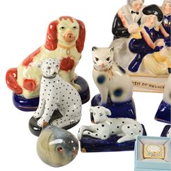 Collection of Staffordshire style figures, including dogs, cats, Death of Nelson etc 
