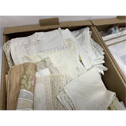 Victorian cream silk shawl, embroidered with floral and foliate decoration and a border of fringing, together with a large collection of vintage linens, lace and embroidery, etc