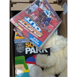 Collection of toys, including Lego Friends, soft toys, football trading cards, etc, in boxes