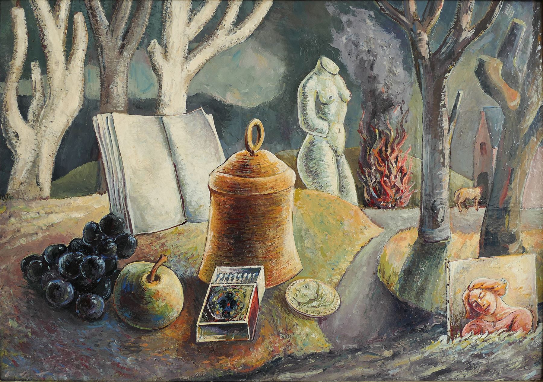 Graham Kingsley Brown (British 1932-2011): ‘Still Life in Landscape’, enamel paint on board, signed titled and dated 1982 verso, 28cm x 40cm 
Notes: A rare enamel painting, of a phase in the early 1980’s which included 'Harbour Moon' sold these rooms 
21st June 2024 Lot 211; this is the only remaining example available.